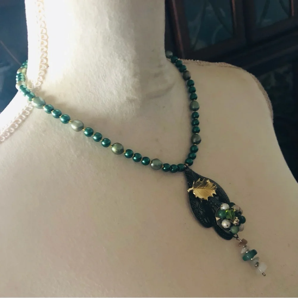 Handcrafted repurpose sage freshwater brass pendant Czech glass Pearl necklace